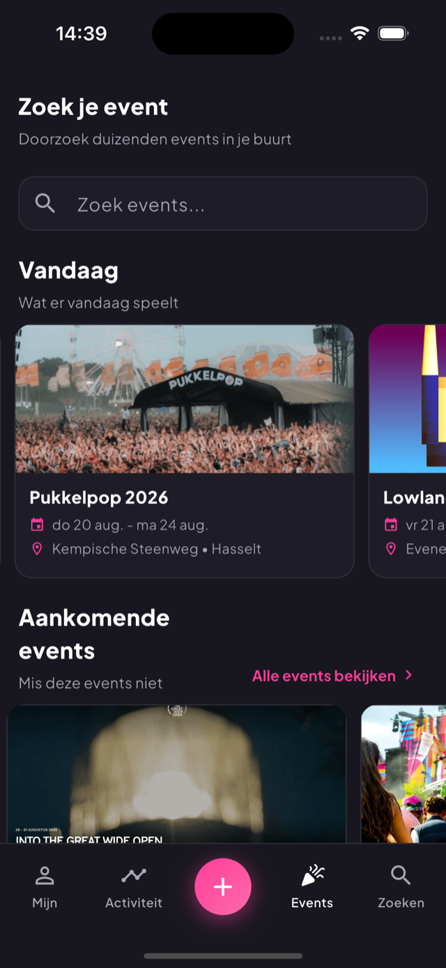 Het eventscherm van de Stuubs-app, met de events van vandaag en aankomende events